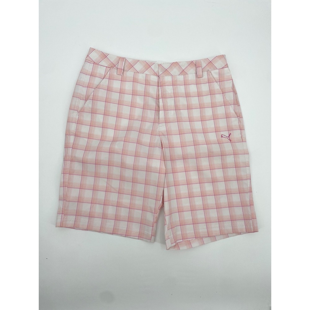 Puma Golf Shorts Mens 34 Orange Pink Plaid Polyester Stretch Preppy Sporty